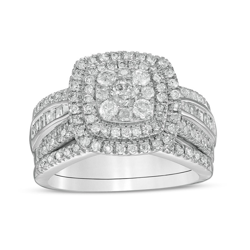 1.23 CT. T.W. Cushion Multi-Diamond Double Frame Bridal Set in 10K White Gold|Peoples Jewellers