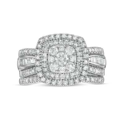 1.23 CT. T.W. Cushion Multi-Diamond Double Frame Bridal Set in 10K White Gold