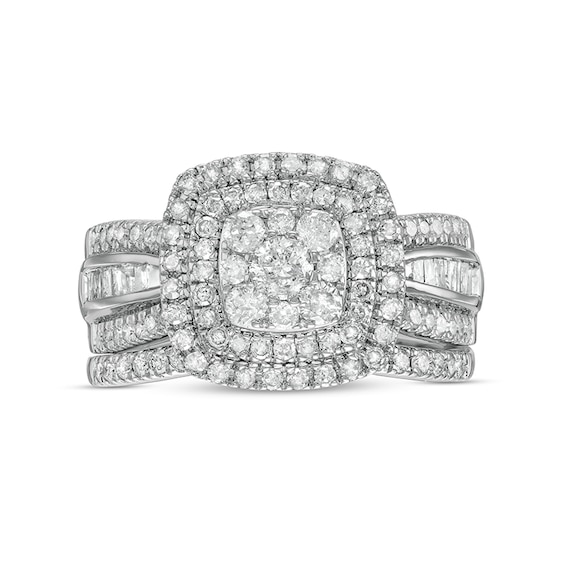 1.23 CT. T.W. Cushion Multi-Diamond Double Frame Bridal Set in 10K White Gold