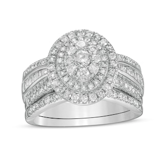 1.23 CT. T.W. Composite Baguette and Round Diamond Double Oval-Shape Frame Bridal Set in 10K White Gold