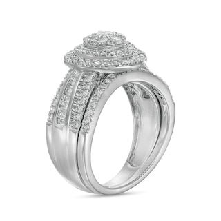 1.23 CT. T.W. Composite Baguette and Round Diamond Double Oval-Shape Frame Bridal Set in 10K White Gold