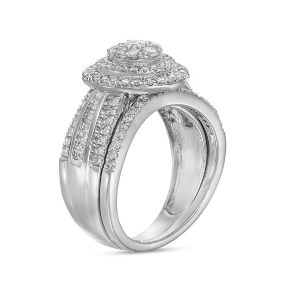 1.23 CT. T.W. Composite Baguette and Round Diamond Double Oval-Shape Frame Bridal Set in 10K White Gold