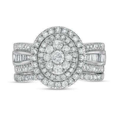 1.23 CT. T.W. Composite Baguette and Round Diamond Double Oval-Shape Frame Bridal Set in 10K White Gold