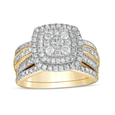 1.23 CT. T.W. Baguette and Round Multi-Diamond Double Cushion-Shape Frame Bridal Set in 10K Gold