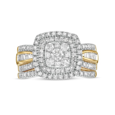 1.23 CT. T.W. Baguette and Round Multi-Diamond Double Cushion-Shape Frame Bridal Set in 10K Gold