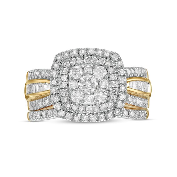 1.23 CT. T.W. Baguette and Round Multi-Diamond Double Cushion-Shape Frame Bridal Set in 10K Gold