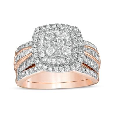 1.23 CT. T.W. Multi-Diamond Double Cushion-Shape Frame Bridal Set in 10K Rose Gold