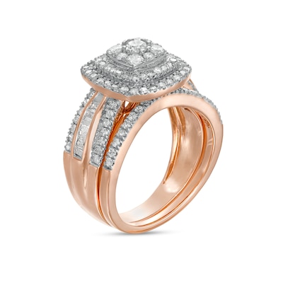 1.23 CT. T.W. Multi-Diamond Double Cushion-Shape Frame Bridal Set in 10K Rose Gold