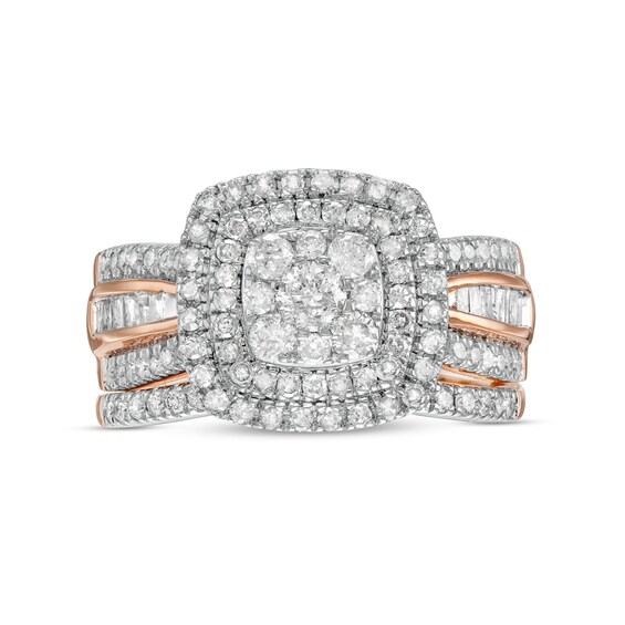 1.23 CT. T.W. Multi-Diamond Double Cushion-Shape Frame Bridal Set in 10K Rose Gold