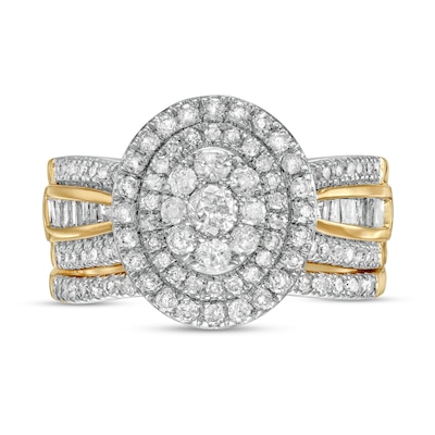 1.23 CT. T.W. Composite Baguette and Round Diamond Double Oval-Shape Frame Bridal Set in 10K Gold