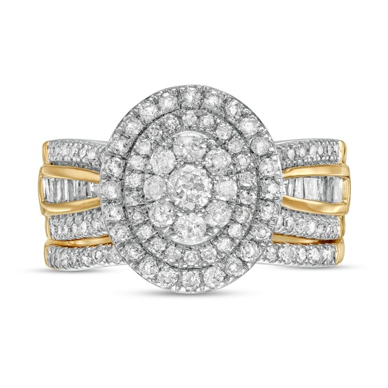 1.23 CT. T.W. Composite Baguette and Round Diamond Double Oval-Shape Frame Bridal Set in 10K Gold