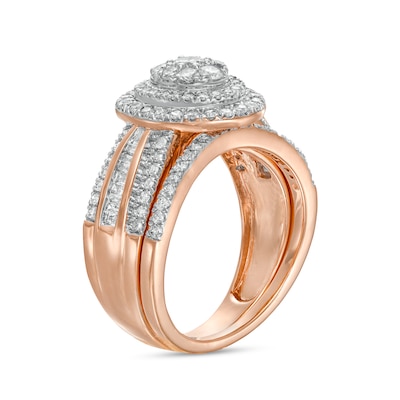 1.23 CT. T.W. Composite Baguette and Round Diamond Double Oval-Shape Frame Bridal Set in 10K Rose Gold