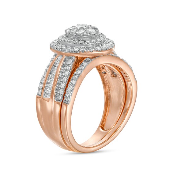 1.23 CT. T.W. Composite Baguette and Round Diamond Double Oval-Shape Frame Bridal Set in 10K Rose Gold