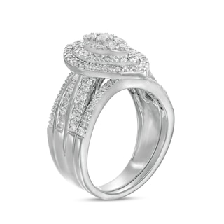 1.23 CT. T.W. Composite Baguette and Round Diamond Double Marquise-Shape Frame Bridal Set in 10K Gold