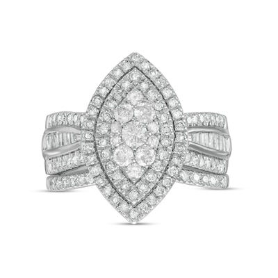 1.23 CT. T.W. Composite Baguette and Round Diamond Double Marquise-Shape Frame Bridal Set in 10K Gold