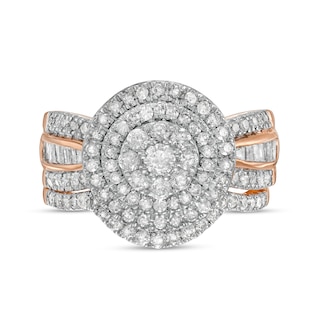 1.23 CT. T.W. Composite Baguette and Round Diamond Double Frame Bridal Set in 10K Rose Gold