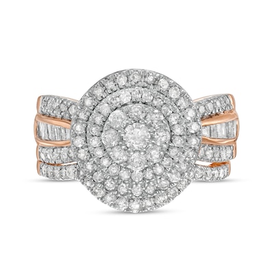 1.23 CT. T.W. Composite Baguette and Round Diamond Double Frame Bridal Set in 10K Rose Gold