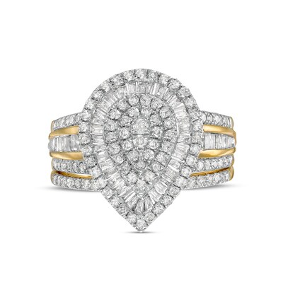 1.23 CT. T.W. Pear-Shaped Multi-Diamond Layered Triple Frame Bridal Set in 10K Gold