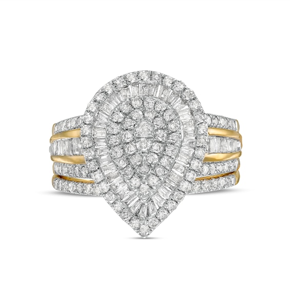 1.23 CT. T.W. Pear-Shaped Multi-Diamond Layered Triple Frame Bridal Set in 10K Gold