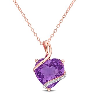 12.0mm Heart-Shaped Amethyst and 0.05 CT. T.W. Diamond Ribbon Overlay Pendant in Sterling Silver with Rose Rhodium