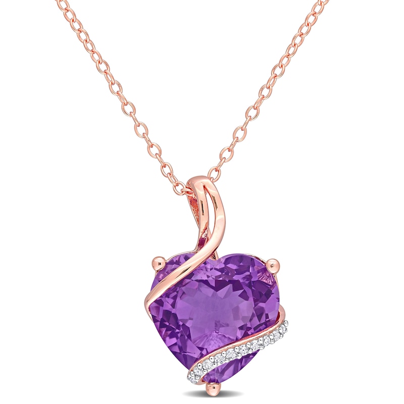 12.0mm Heart-Shaped Amethyst and 0.05 CT. T.W. Diamond Ribbon Overlay Pendant in Sterling Silver with Rose Rhodium|Peoples Jewellers