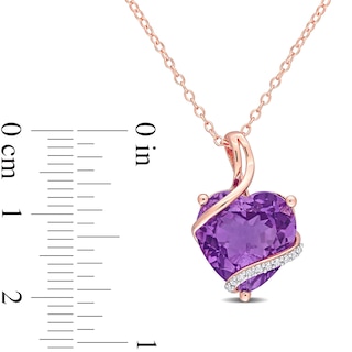 12.0mm Heart-Shaped Amethyst and 0.05 CT. T.W. Diamond Ribbon Overlay Pendant in Sterling Silver with Rose Rhodium