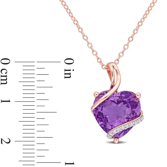 12.0mm Heart-Shaped Amethyst and 0.05 CT. T.W. Diamond Ribbon Overlay Pendant in Sterling Silver with Rose Rhodium