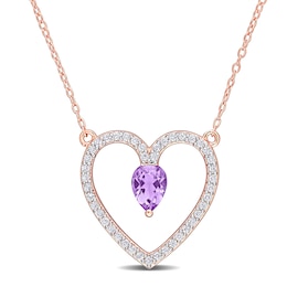 Pear-Shaped Amethyst and White Topaz Heart Outline Necklace in Sterling Silver with Rose Rhodium - 17&quot;