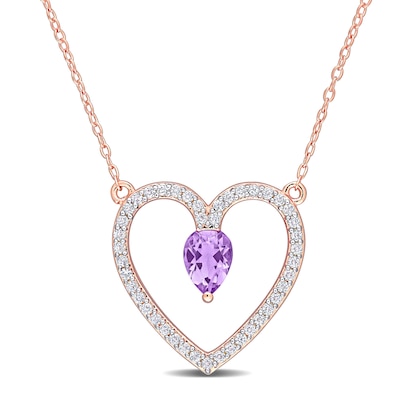 Pear-Shaped Amethyst and White Topaz Heart Outline Necklace in Sterling Silver with Rose Rhodium - 17"