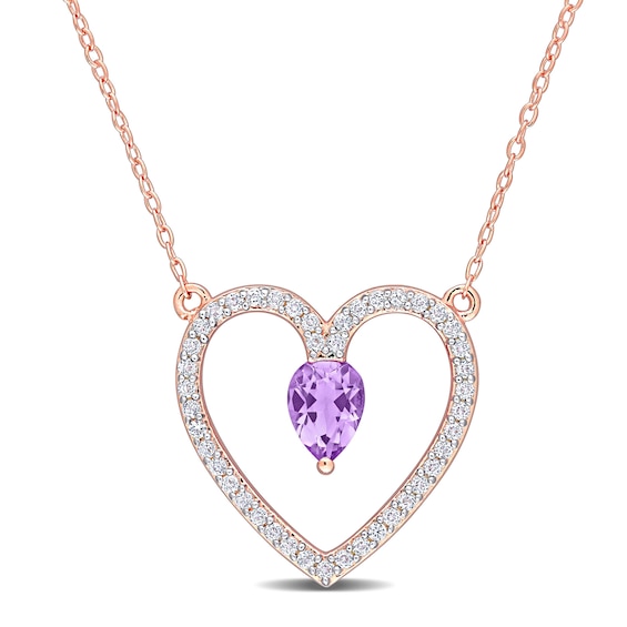 Pear-Shaped Amethyst and White Topaz Heart Outline Necklace in Sterling Silver with Rose Rhodium - 17"