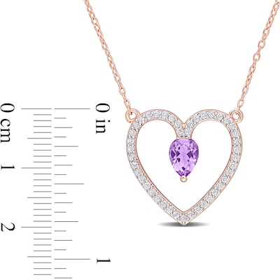 Pear-Shaped Amethyst and White Topaz Heart Outline Necklace in Sterling Silver with Rose Rhodium - 17"