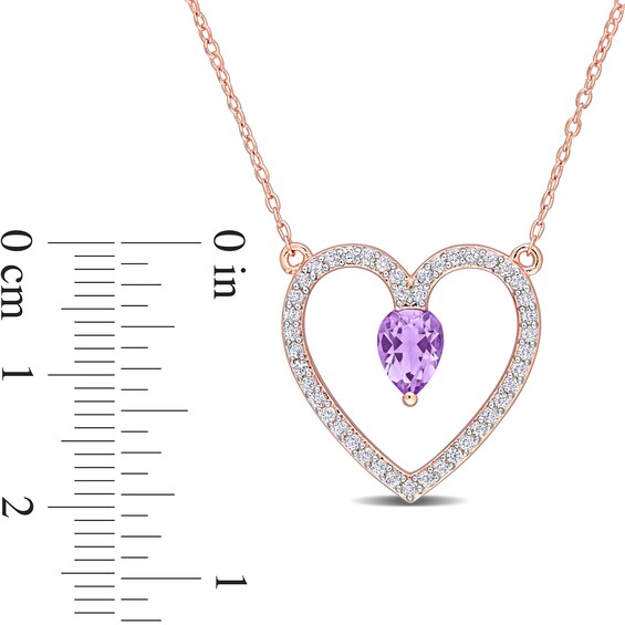 Pear-Shaped Amethyst and White Topaz Heart Outline Necklace in Sterling Silver with Rose Rhodium - 17"