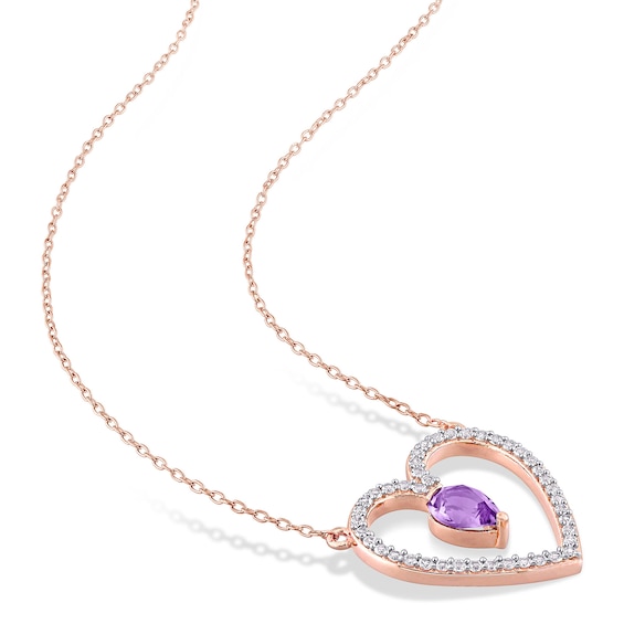 Pear-Shaped Amethyst and White Topaz Heart Outline Necklace in Sterling Silver with Rose Rhodium - 17"