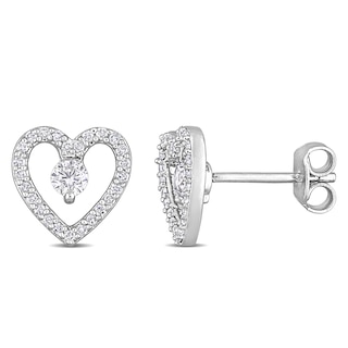 3.0mm White Topaz and 0.20 CT. T.W. Diamond Heart Outline Stud Earrings in Sterling Silver