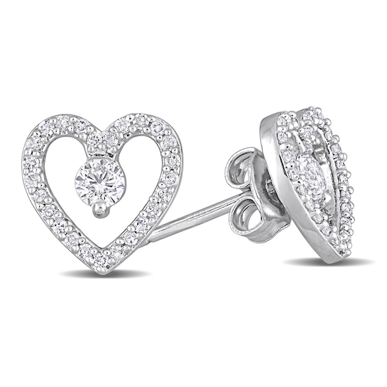 3.0mm White Topaz and 0.20 CT. T.W. Diamond Heart Outline Stud Earrings in Sterling Silver