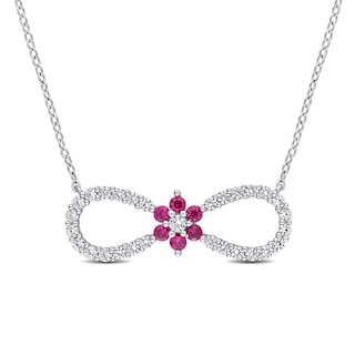 Lab-Created Ruby and White Sapphire Infinity with Flower Necklace in Sterling Silver - 17"