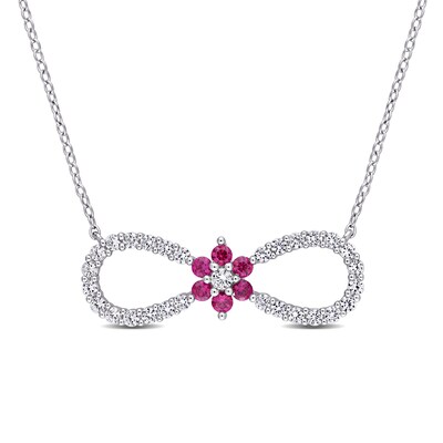 Lab-Created Ruby and White Sapphire Infinity with Flower Necklace in Sterling Silver - 17"