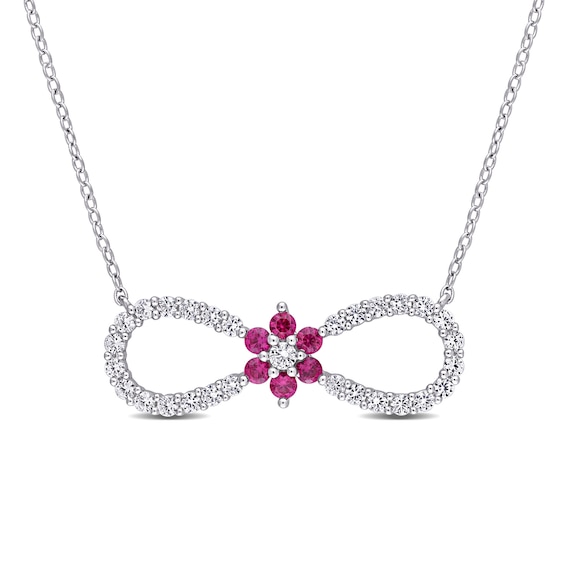 Lab-Created Ruby and White Sapphire Infinity with Flower Necklace in Sterling Silver - 17"