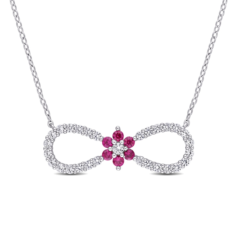 Lab-Created Ruby and White Sapphire Infinity with Flower Necklace in Sterling Silver - 17"|Peoples Jewellers
