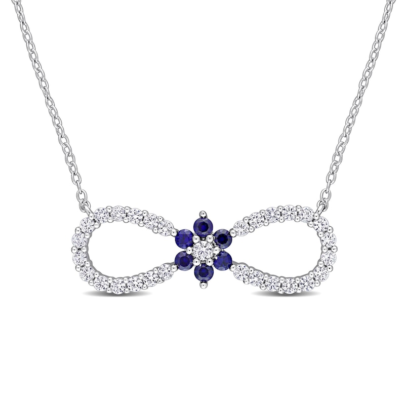 Main Image 1 of Lab-Created Blue and White Sapphire Infinity with Flower Necklace in Sterling Silver - 17&quot;