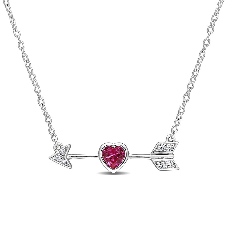 4.0mm Heart-Shaped Lab-Created Ruby, White Sapphire and Diamond Accent Arrow Necklace in Sterling Silver - 17"|Peoples Jewellers