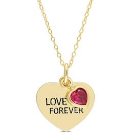 5.0mm Lab-Created Heart-Shaped Ruby Charm &quot;LOVE YOU FOREVER&quot; Heart Disc Pendant in Sterling Silver with Yellow Rhodium