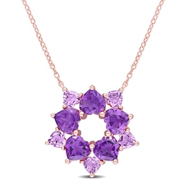 Alternating Heart-Shaped Amethyst Open Flower Necklace in Sterling Silver with Rose Rhodium