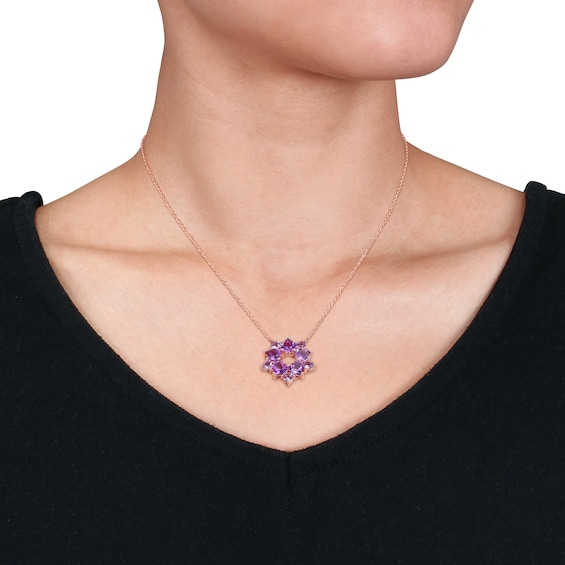 Alternating Heart-Shaped Amethyst Open Flower Necklace in Sterling Silver with Rose Rhodium