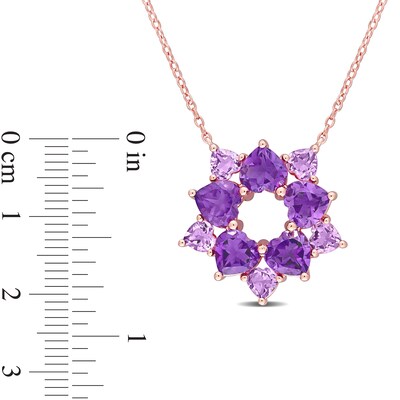 Alternating Heart-Shaped Amethyst Open Flower Necklace in Sterling Silver with Rose Rhodium