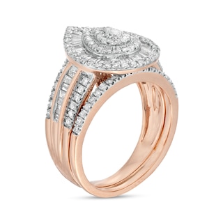 1.23 CT. T.W. Pear-Shaped Diamond Layered Triple Frame Bridal Set in 10K Rose Gold