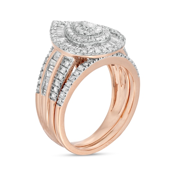 1.23 CT. T.W. Pear-Shaped Diamond Layered Triple Frame Bridal Set in 10K Rose Gold