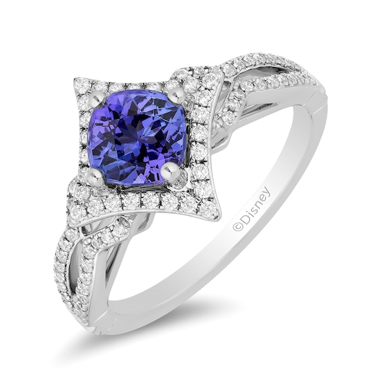 Enchanted Disney Ultimate Princess Tanzanite and 0.29 CT. T.W. Diamond Tilted Frame Engagement Ring in 14K White Gold