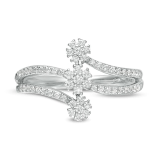 0.23 CT. T.W. Multi-Diamond Past Present Future® Flower Vertical Ring in Sterling Silver