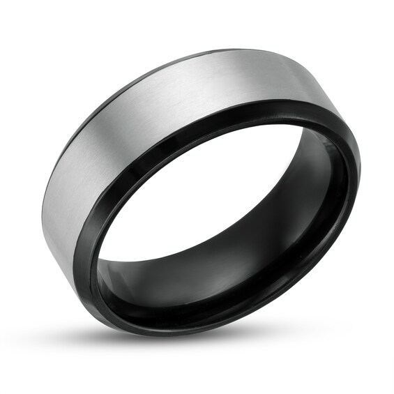 Men's 8.0mm Brushed Beveled Edge Comfort-Fit Wedding Band in Titanium and Black IP